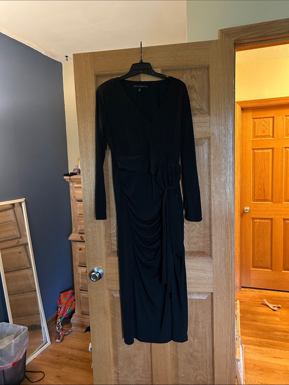 White House Black Market Black Long-Sleeve Faux-Wrap Ruched Dress